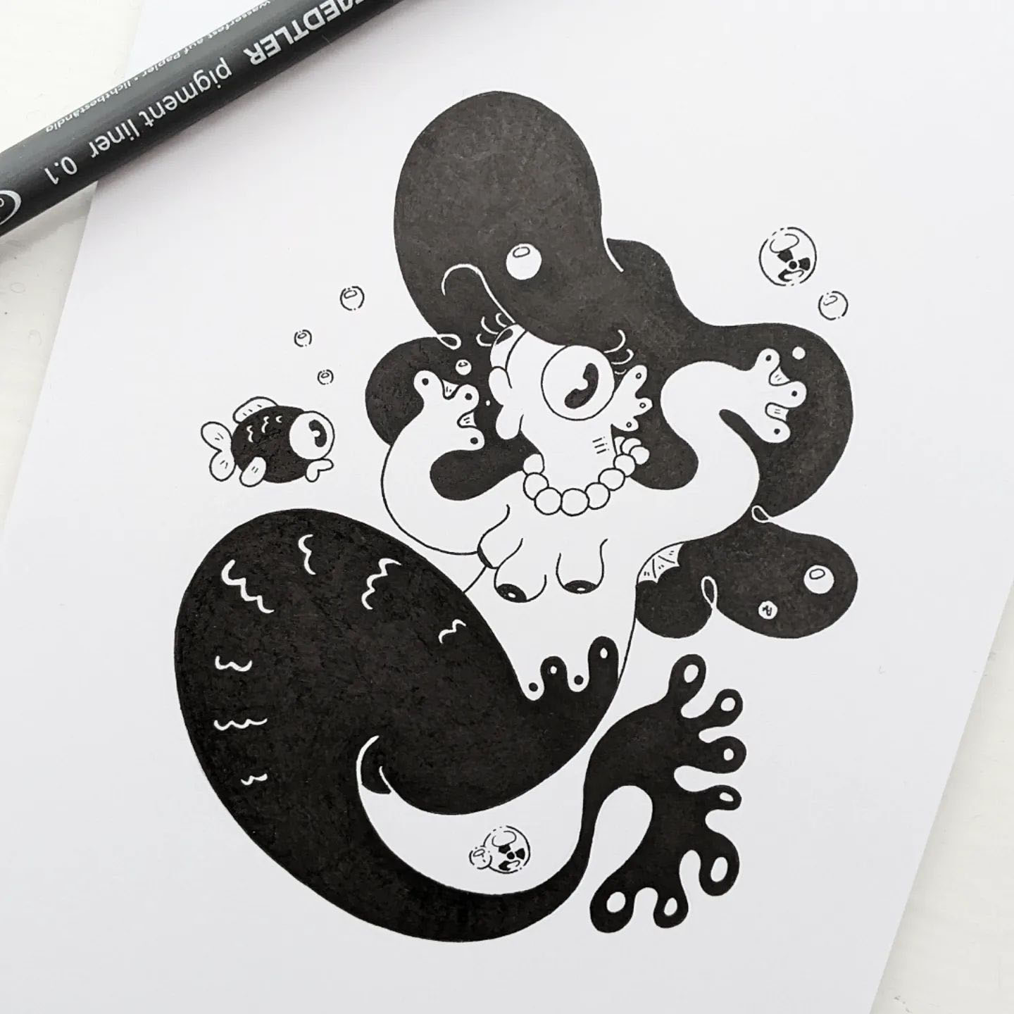 Inked illustration of a mutant mermaid
