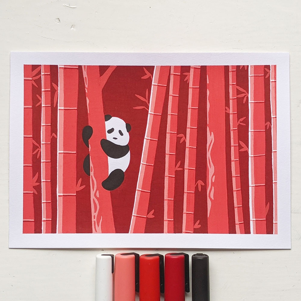 Illustration of a panda in a red bamboo forest