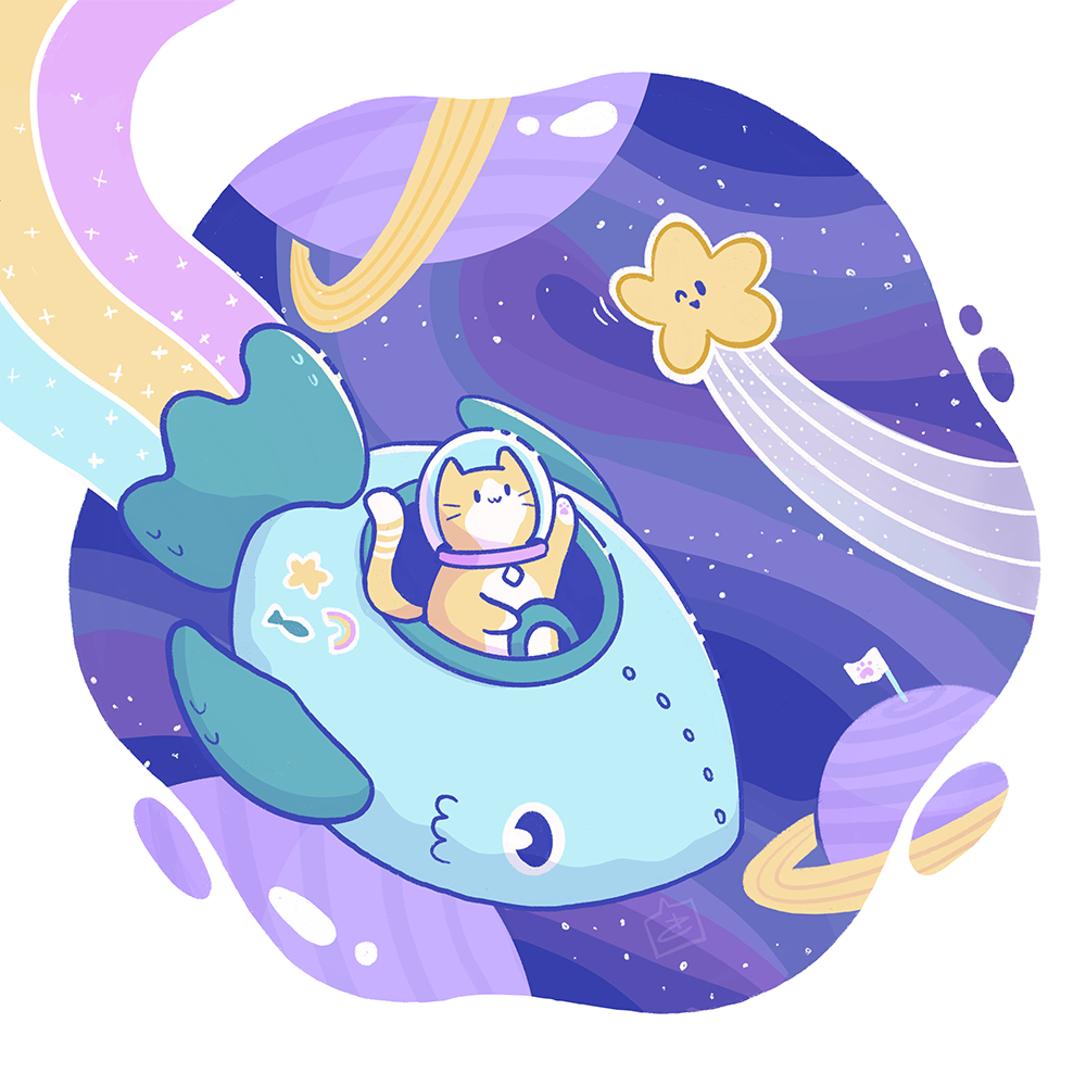 Digital illustration of a cat flying through space in a fish space ship